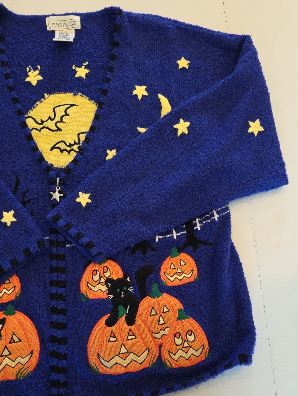 Mandal Bay Vintage 90s Halloween Zip Knit Cardigan Pumpkin Black Cat Bats XL - Picture 4 of 16